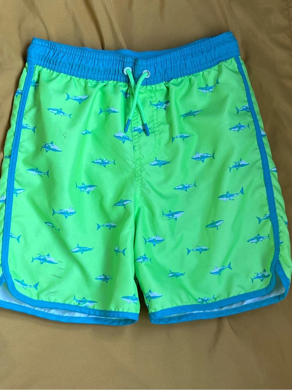 Cat & Jack Neon Green Swim Trunks with Blue Shark Print
